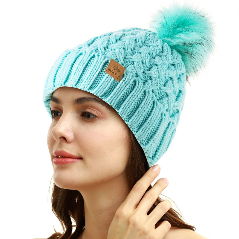 PAGE ONE Womens Winter Ribbed Beanie Crossed Cap Chunky Cable Knit Pompom Soft Warm Hat Mint - Image 2